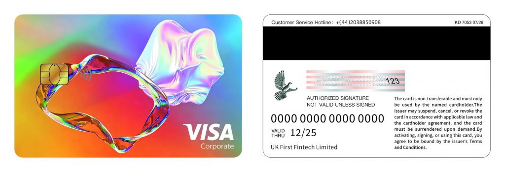 Chromaflux card design by Cera Liang, front and back, with an iridescent rainbow background and a chrome figure wrapped in a metallic hoop